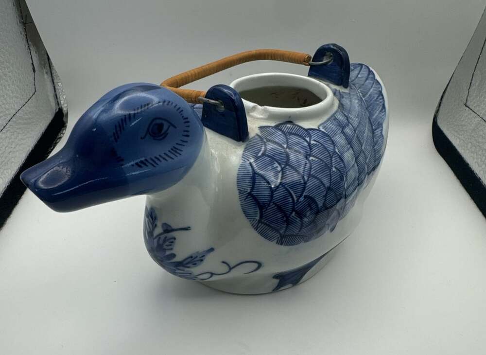 Vintage Hand Painted Blue And White Duck Ceramic Teapot